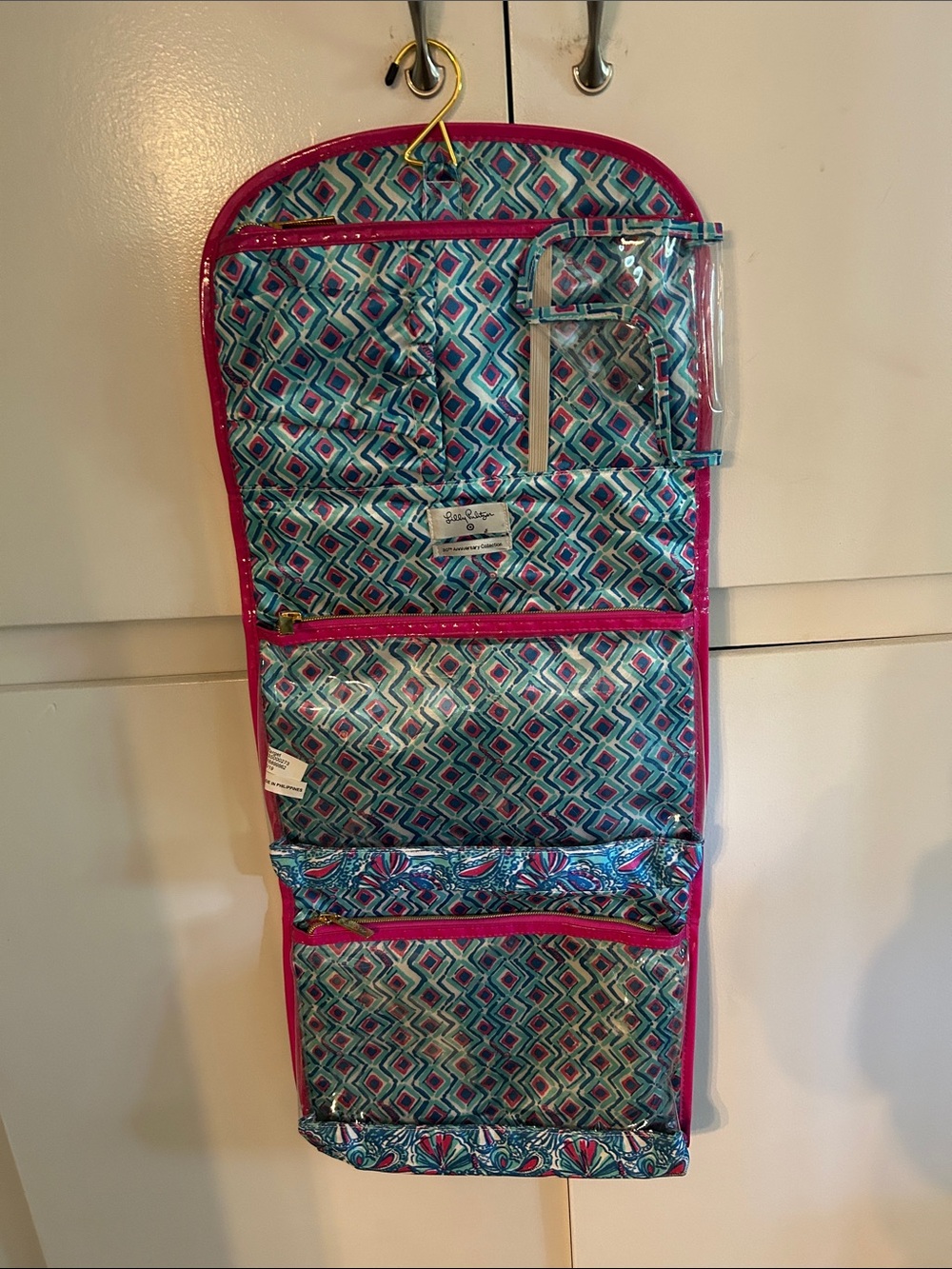 Lilly Pulitzer Teal and Pink Hanging Makeup Organizer